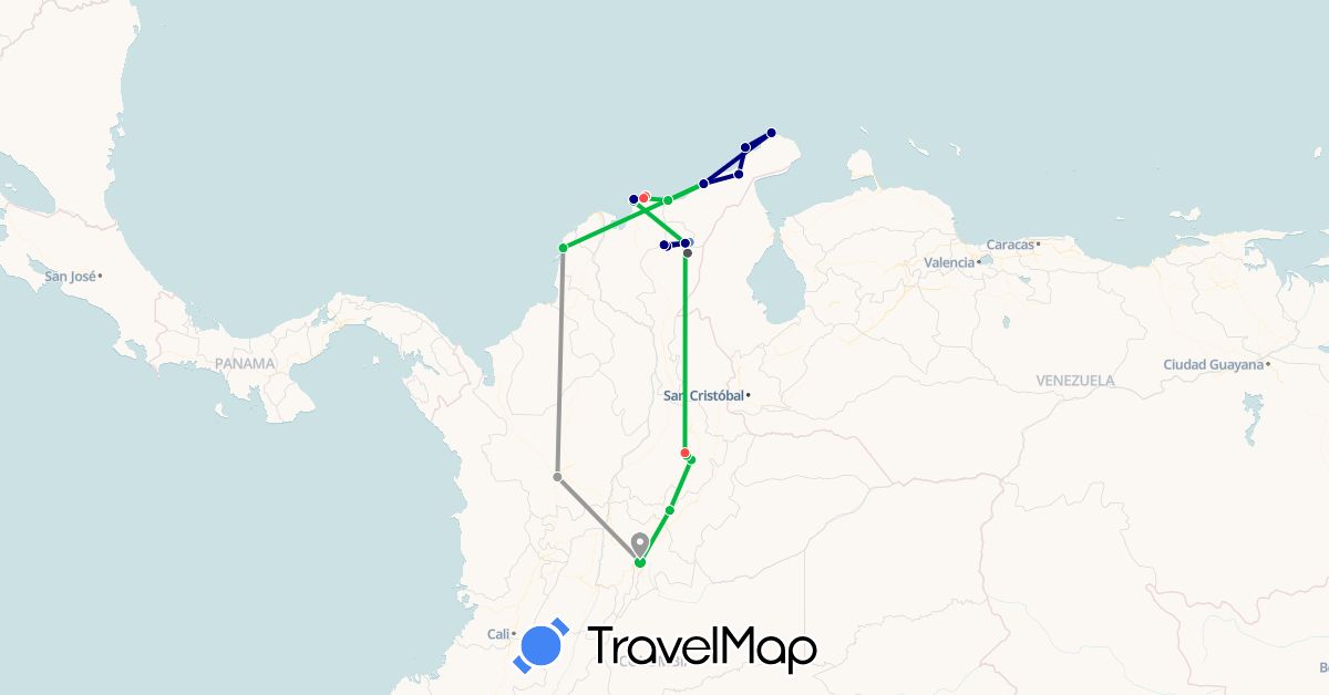TravelMap itinerary: driving, bus, plane, cycling, hiking, motorbike in Colombia (South America)